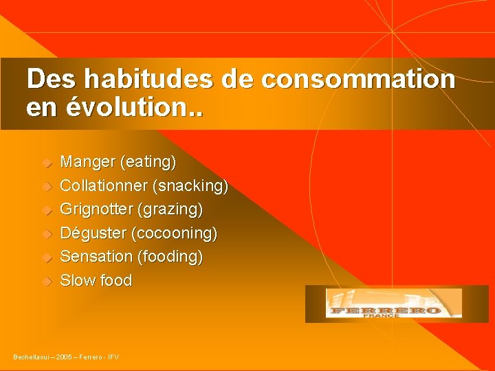 Des habitudes de consommation en évolution. . u u u Manger (eating) Collationner (snacking)