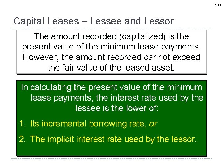 15 -13 Capital Leases – Lessee and Lessor The amount recorded (capitalized) is the