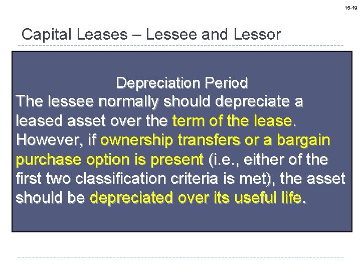 15 -19 Capital Leases – Lessee and Lessor Depreciation Period The lessee normally should