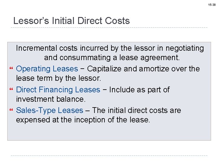 15 -38 Lessor’s Initial Direct Costs Incremental costs incurred by the lessor in negotiating