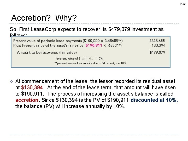 15 -58 Accretion? Why? So, First Lease. Corp expects to recover its $479, 079