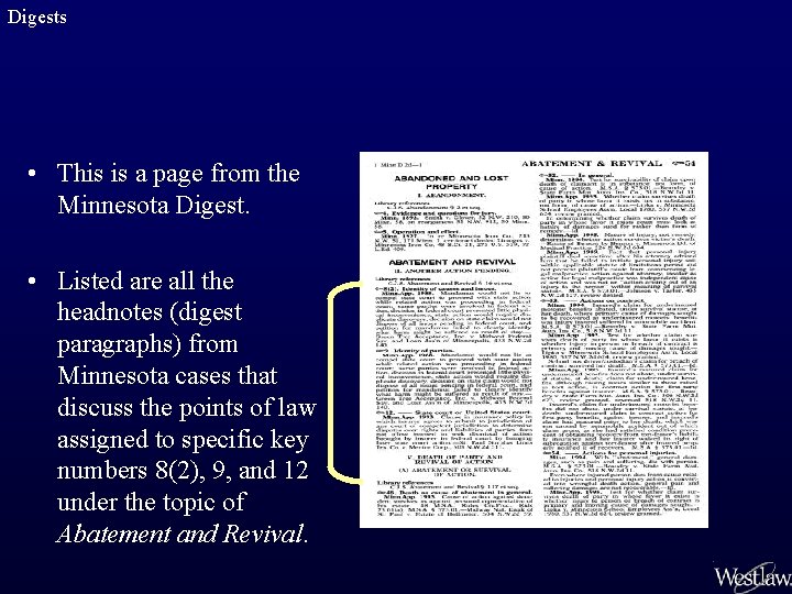 Digests • This is a page from the Minnesota Digest. • Listed are all