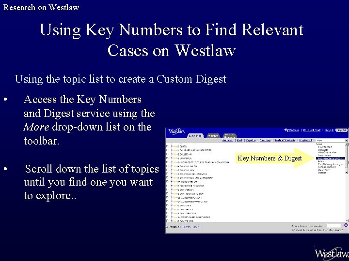 Research on Westlaw Using Key Numbers to Find Relevant Cases on Westlaw Using the