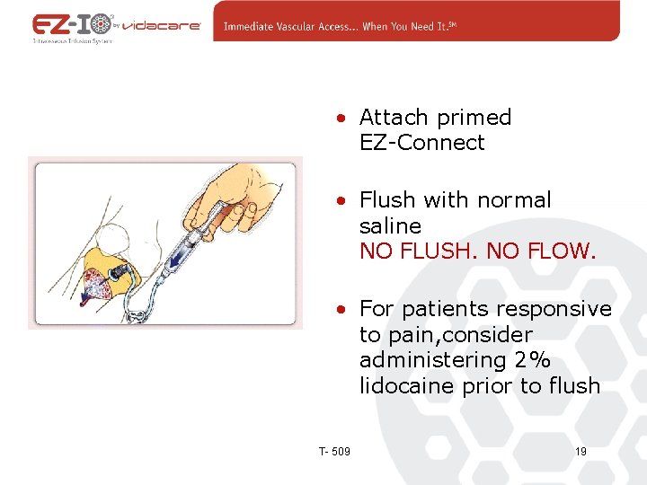  • Attach primed EZ-Connect • Flush with normal saline NO FLUSH. NO FLOW.