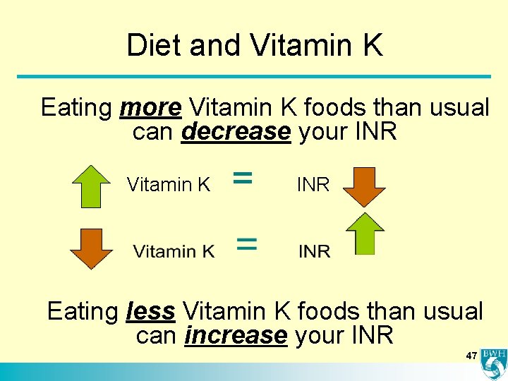 Diet and Vitamin K Eating more Vitamin K foods than usual can decrease your