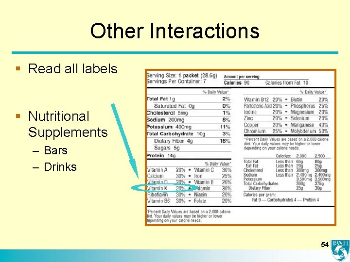 Other Interactions § Read all labels § Nutritional Supplements – Bars – Drinks 54