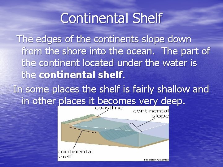 Continental Shelf The edges of the continents slope down from the shore into the