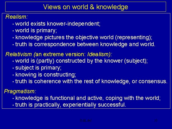 Views on world & knowledge Realism: • world exists knower-independent; • world is primary;