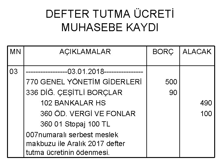 DEFTER TUTMA ÜCRETİ MUHASEBE KAYDI MN AÇIKLAMALAR 03 ---------03. 01. 2018 --------770 GENEL YÖNETİM