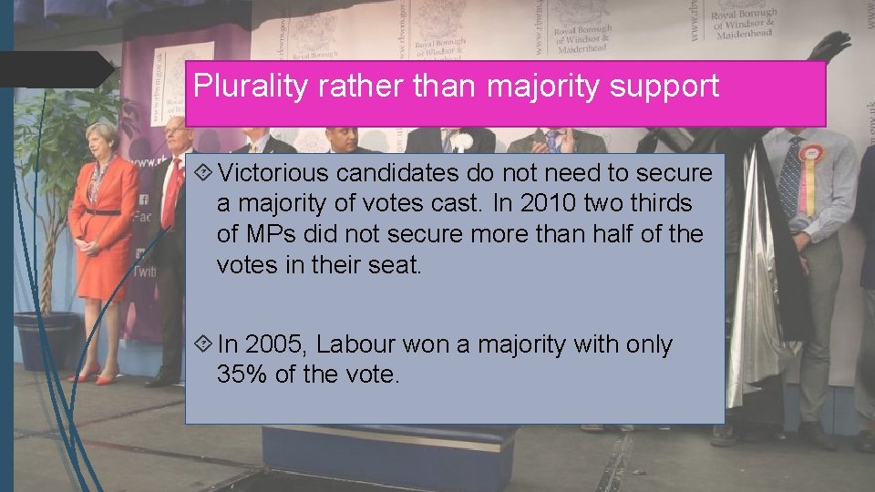 Plurality rather than majority support Victorious candidates do not need to secure a majority Plurality rather than majority support Victorious candidates do not need to secure a majority