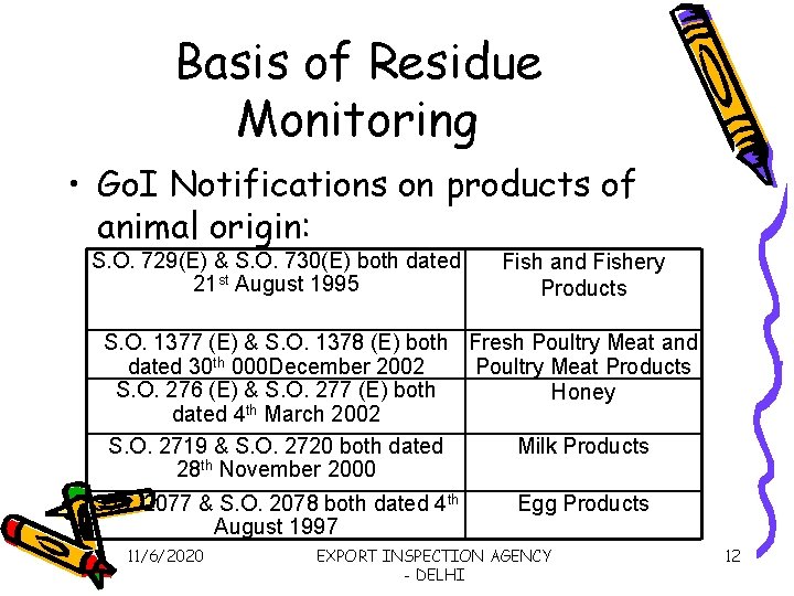 Basis of Residue Monitoring • Go. I Notifications on products of animal origin: S.