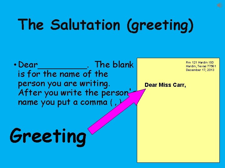 The Salutation (greeting) • Dear_____. The blank is for the name of the person