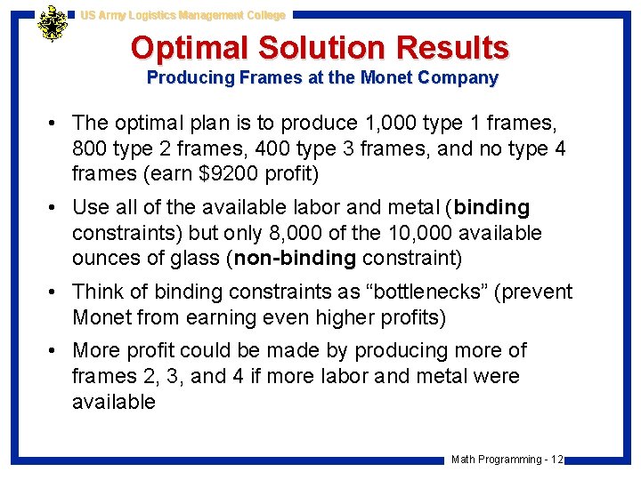 US Army Logistics Management College Optimal Solution Results Producing Frames at the Monet Company