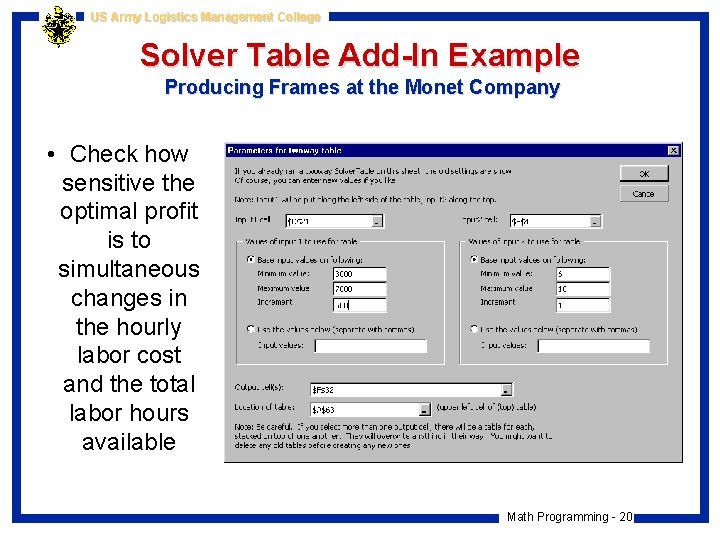 US Army Logistics Management College Solver Table Add-In Example Producing Frames at the Monet