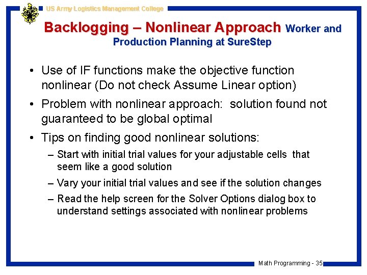US Army Logistics Management College Backlogging – Nonlinear Approach Worker and Production Planning at