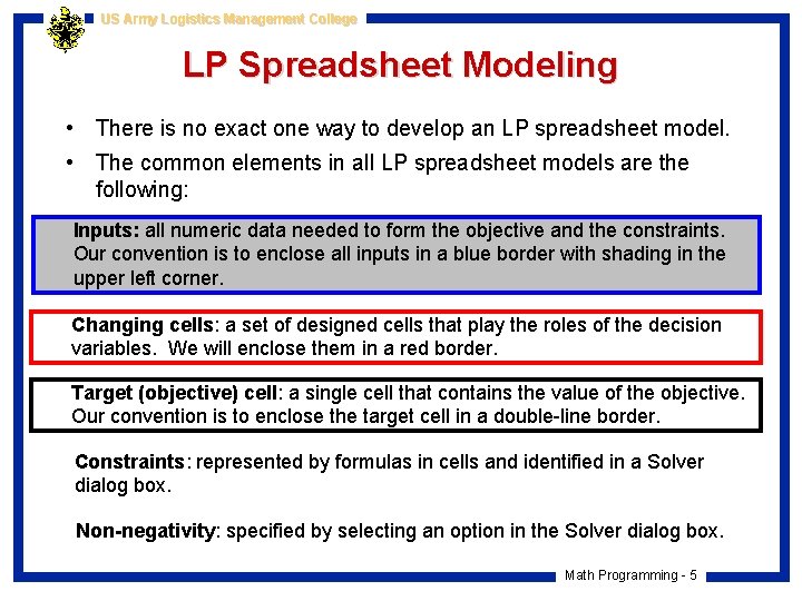 US Army Logistics Management College LP Spreadsheet Modeling • There is no exact one