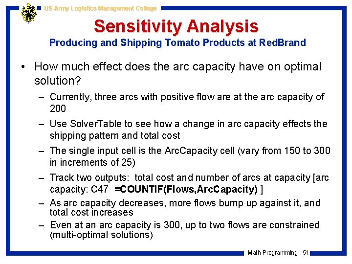 US Army Logistics Management College Sensitivity Analysis Producing and Shipping Tomato Products at Red.