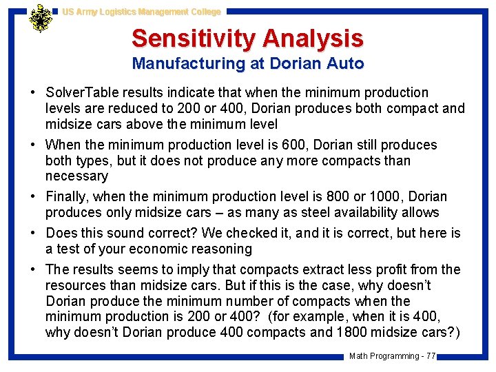 US Army Logistics Management College Sensitivity Analysis Manufacturing at Dorian Auto • Solver. Table