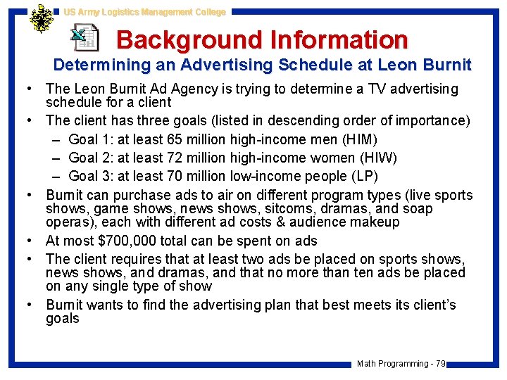 US Army Logistics Management College Background Information Determining an Advertising Schedule at Leon Burnit