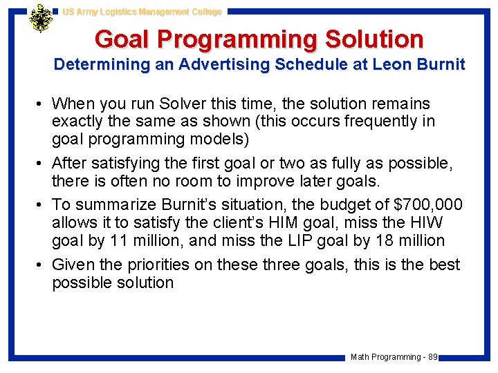 US Army Logistics Management College Goal Programming Solution Determining an Advertising Schedule at Leon