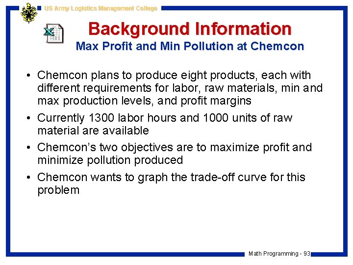 US Army Logistics Management College Background Information Max Profit and Min Pollution at Chemcon