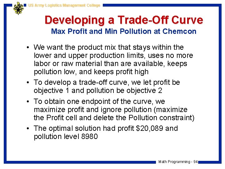 US Army Logistics Management College Developing a Trade-Off Curve Max Profit and Min Pollution
