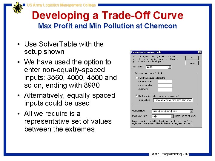 US Army Logistics Management College Developing a Trade-Off Curve Max Profit and Min Pollution