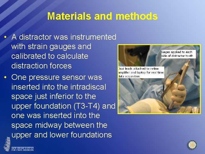 Materials and methods • A distractor was instrumented with strain gauges and calibrated to