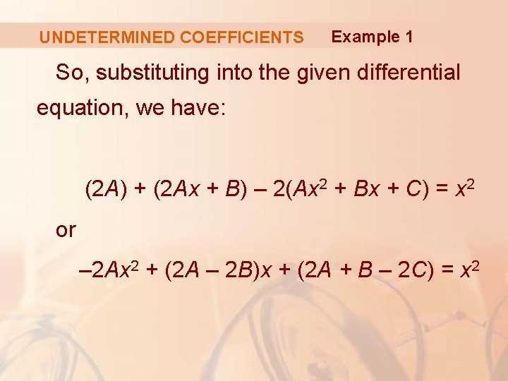 UNDETERMINED COEFFICIENTS Example 1 So, substituting into the given differential equation, we have: (2