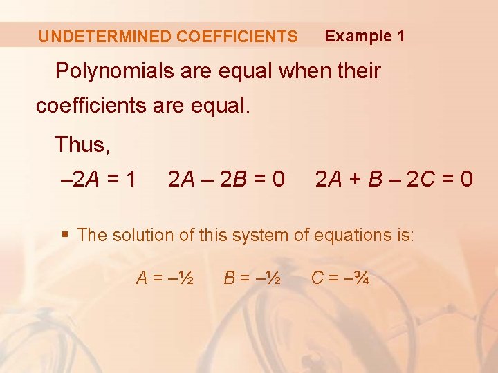 UNDETERMINED COEFFICIENTS Example 1 Polynomials are equal when their coefficients are equal. Thus, –