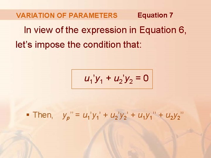 VARIATION OF PARAMETERS Equation 7 In view of the expression in Equation 6, let’s