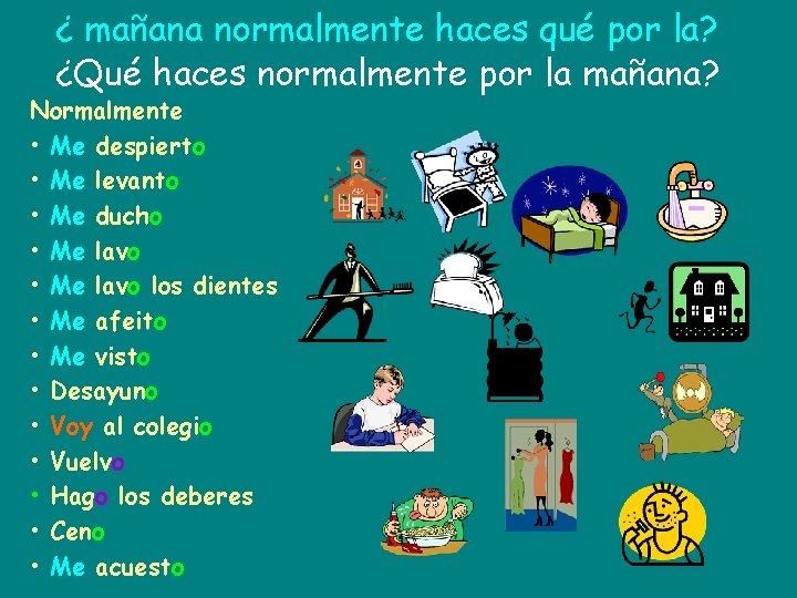 ¿ mañana normalmente haces qué por la? ¿Qué haces normalmente por la mañana? Normalmente