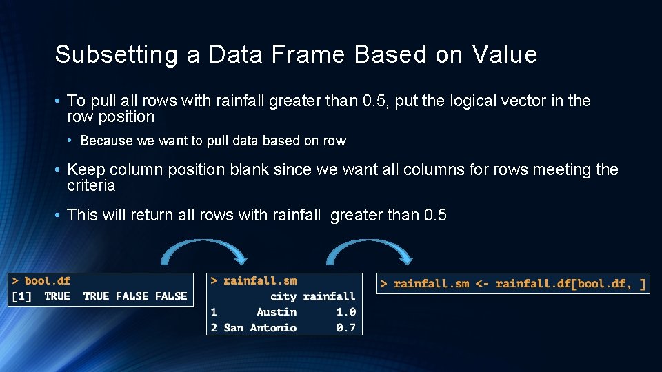 Subsetting a Data Frame Based on Value • To pull all rows with rainfall