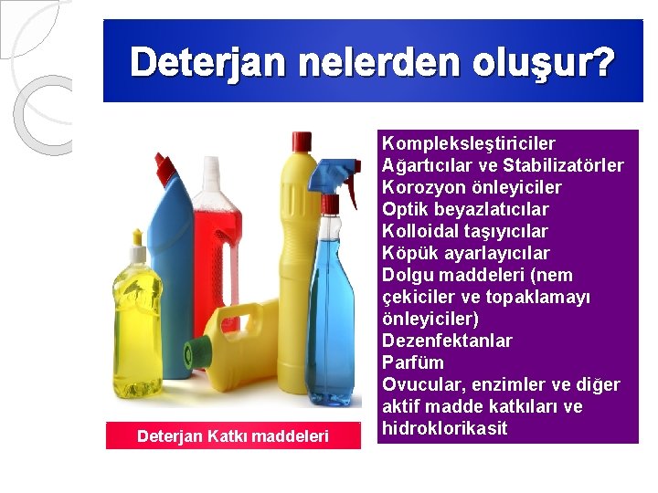 Deterjan nelerden oluşur? Deterjan Katkı maddeleri Kompleksleştiriciler Ağartıcılar ve Stabilizatörler Korozyon önleyiciler Optik beyazlatıcılar