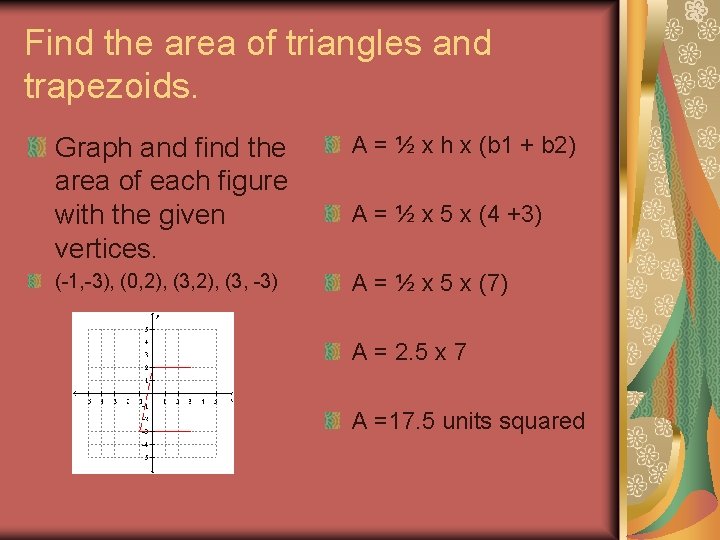 Find the area of triangles and trapezoids. Graph and find the area of each