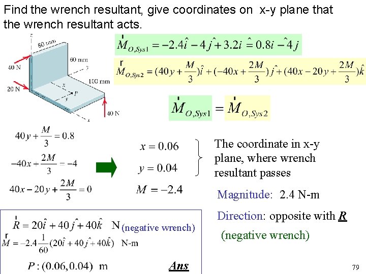 Find the wrench resultant, give coordinates on x-y plane that the wrench resultant acts.