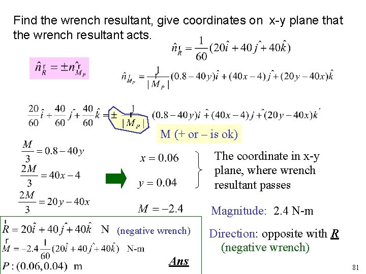 Find the wrench resultant, give coordinates on x-y plane that the wrench resultant acts.