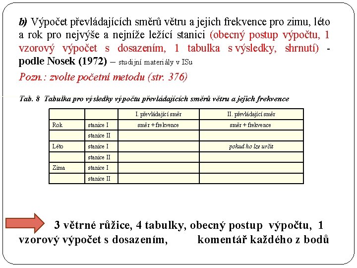 b) Výpočet převládajících směrů větru a jejich frekvence pro zimu, léto a rok pro