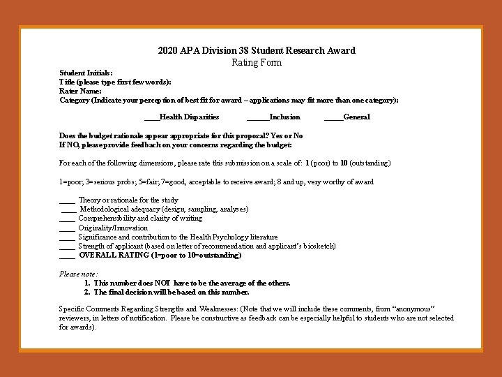 2020 APA Division 38 Student Research Award Rating Form Student Initials: Title (please type