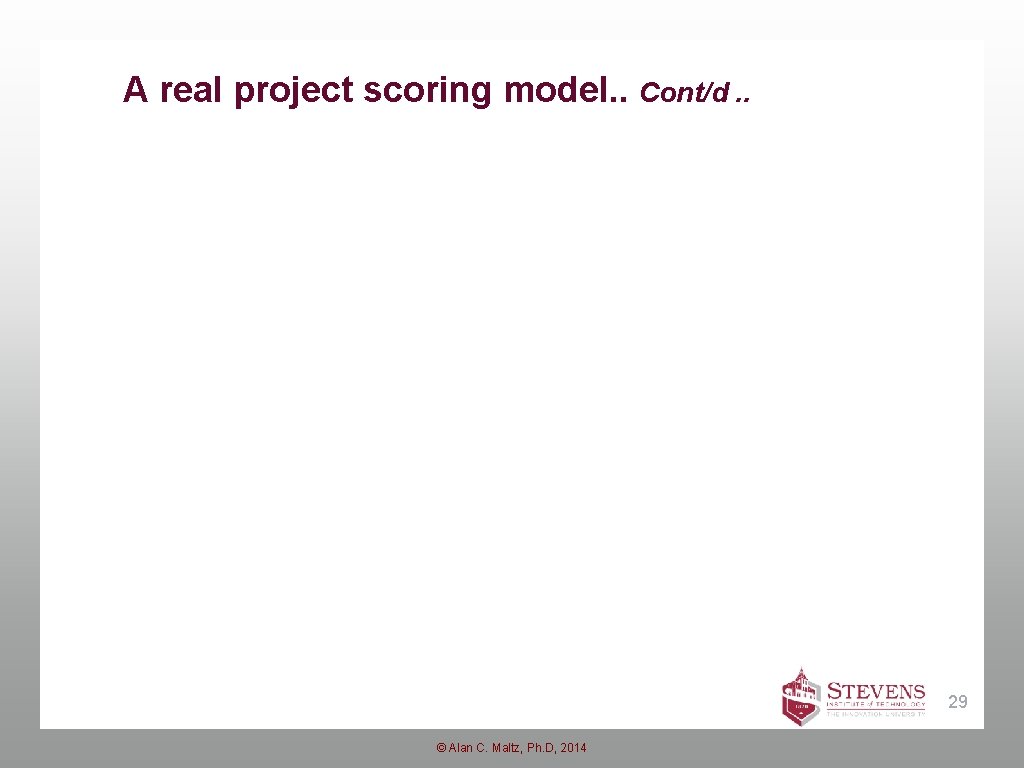 A real project scoring model. . Cont/d. . 29 © Alan C. Maltz, Ph. A real project scoring model. . Cont/d. . 29 © Alan C. Maltz, Ph.