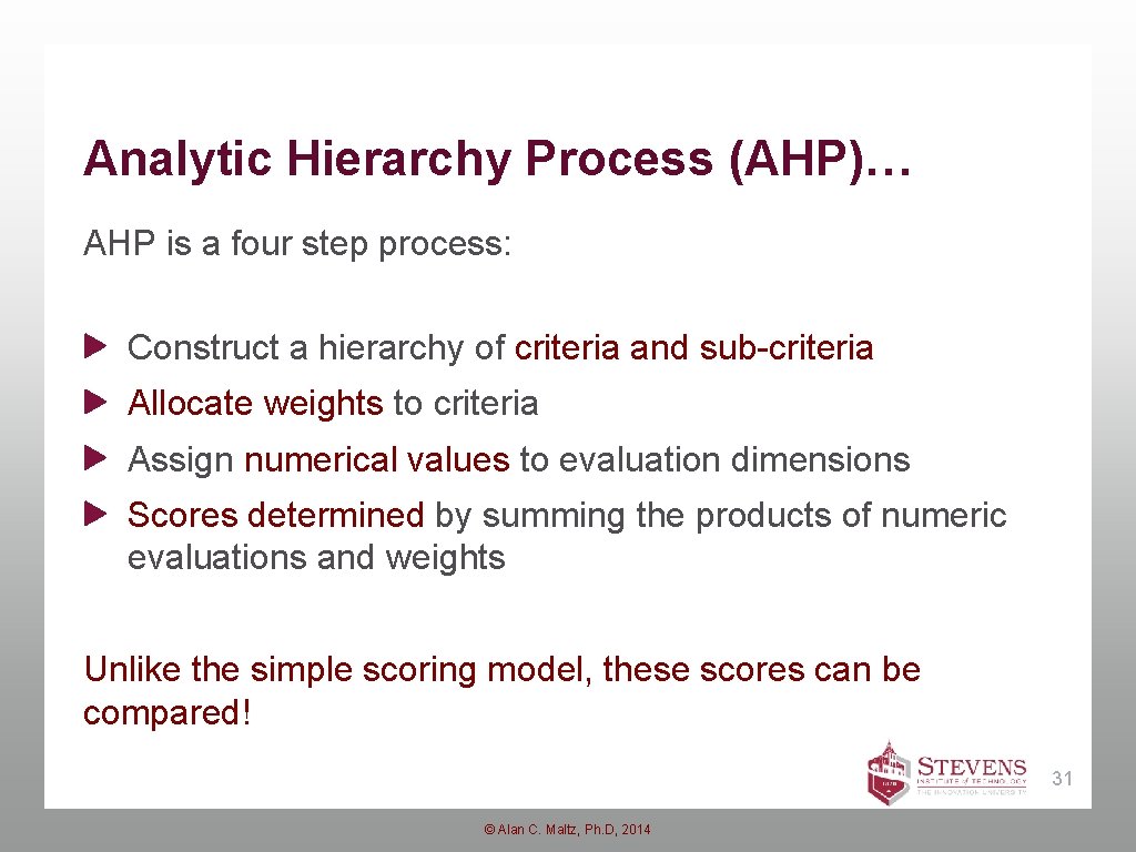 Analytic Hierarchy Process (AHP)… AHP is a four step process: Construct a hierarchy of Analytic Hierarchy Process (AHP)… AHP is a four step process: Construct a hierarchy of