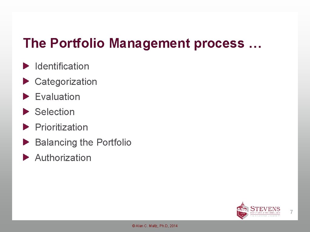The Portfolio Management process … Identification Categorization Evaluation Selection Prioritization Balancing the Portfolio Authorization The Portfolio Management process … Identification Categorization Evaluation Selection Prioritization Balancing the Portfolio Authorization