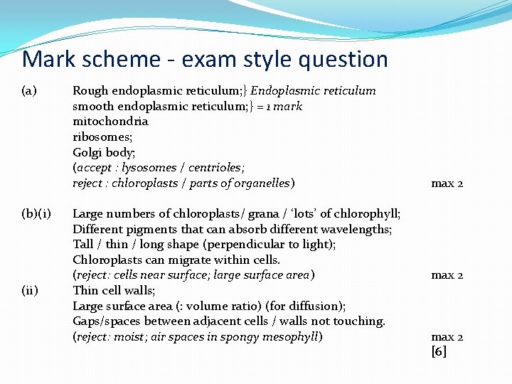 Mark scheme - exam style question (a) (b)(i) (ii) Rough endoplasmic reticulum; } Endoplasmic