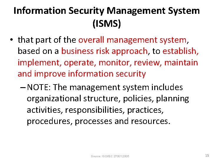 Information Security Management System (ISMS) • that part of the overall management system, based