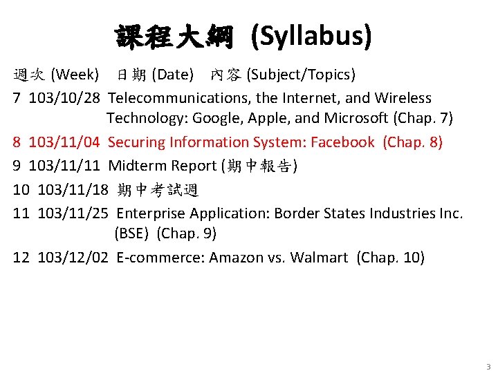 課程大綱 (Syllabus) 週次 (Week) 日期 (Date) 內容 (Subject/Topics) 7 103/10/28 Telecommunications, the Internet, and
