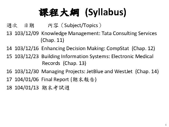 課程大綱 (Syllabus) 週次 日期 內容（Subject/Topics） 13 103/12/09 Knowledge Management: Tata Consulting Services (Chap. 11)