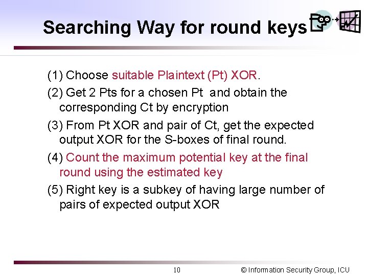 Searching Way for round keys (1) Choose suitable Plaintext (Pt) XOR. (2) Get 2