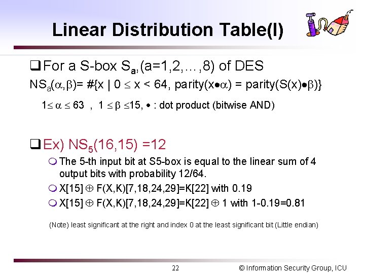 Linear Distribution Table(I) q For a S-box Sa, (a=1, 2, …, 8) of DES