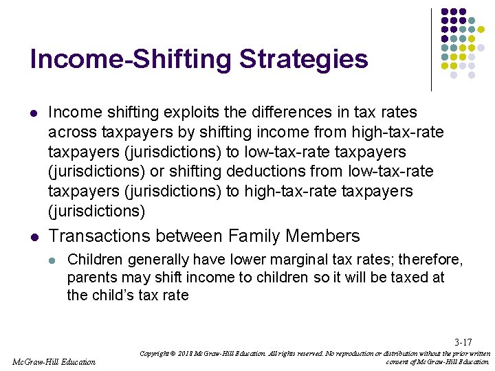 Income-Shifting Strategies l Income shifting exploits the differences in tax rates across taxpayers by