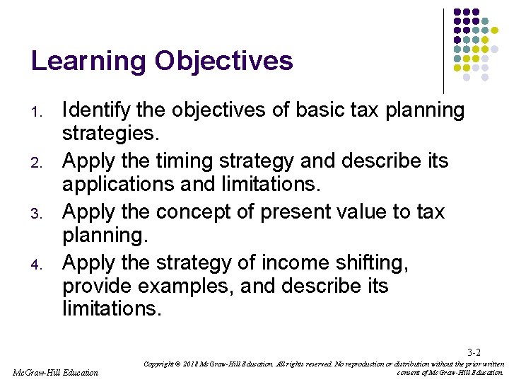 Learning Objectives 1. 2. 3. 4. Identify the objectives of basic tax planning strategies.
